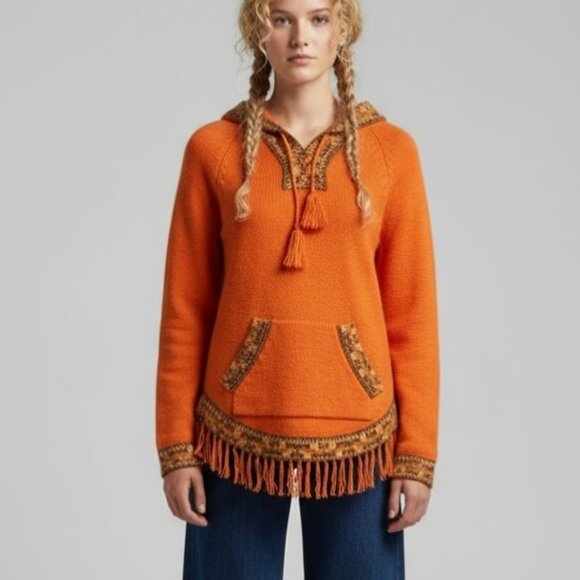 VTG 100% Alpaca Hooded Fringe Sweater Sz.S Orange Cabin Aztec Western Cowgirl - Picture 1 of 14